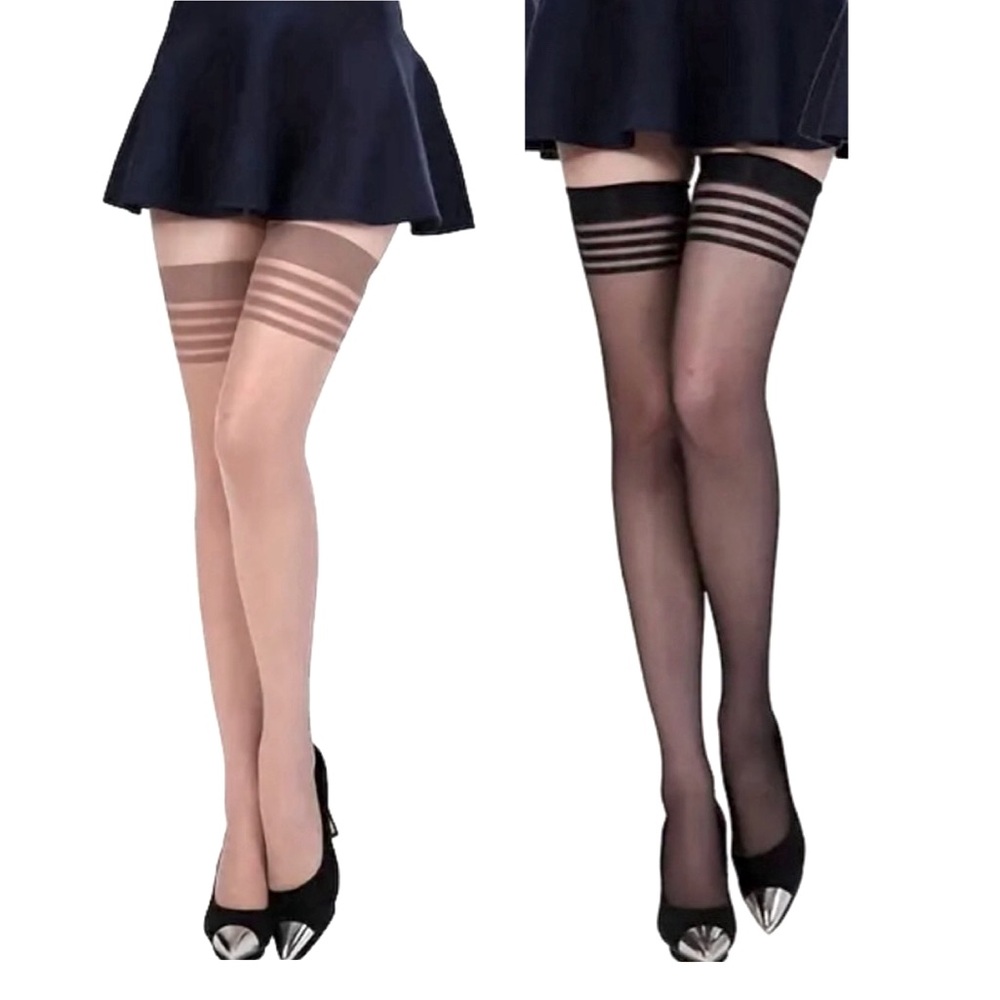 2 Pair Thigh High Stockings W/ Striped Tops Black & Coffee Colors NEW